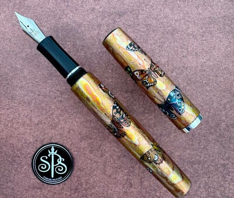 Butterflies on Mottled Gold painted fountain pen